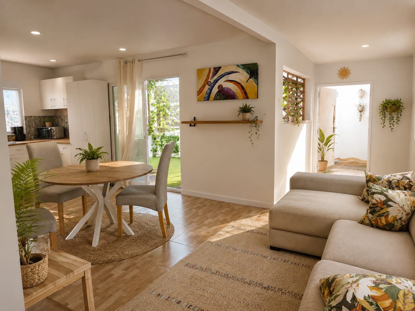 Zona común luminosa del hostal Mikasa